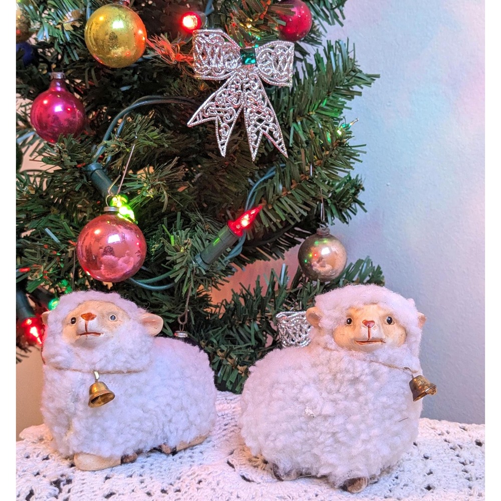 Vintage Flocked Sheep Figurines Set of 2 Christmas Lamb Decor With Bells Retro